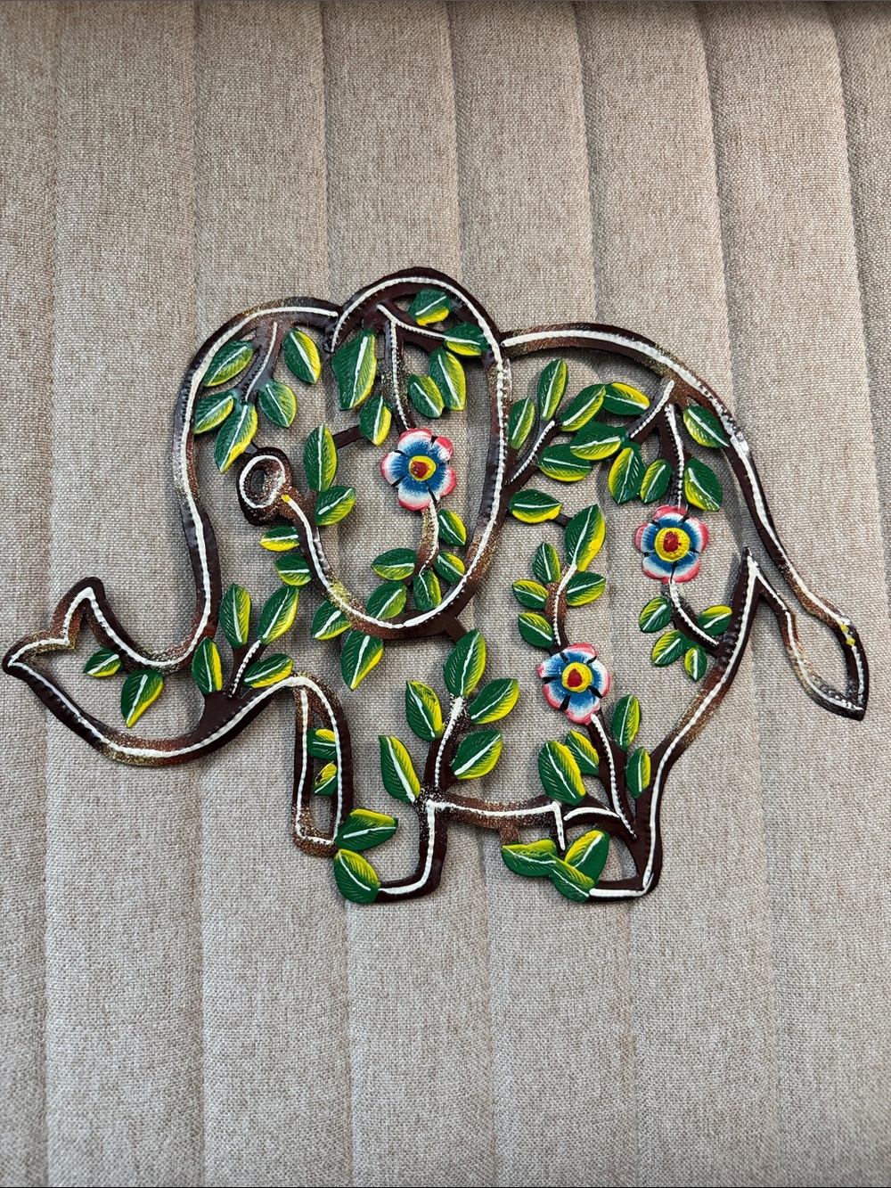 Metal Brown Elephant Wall Art with Green Floral Accents approx 8 x 11